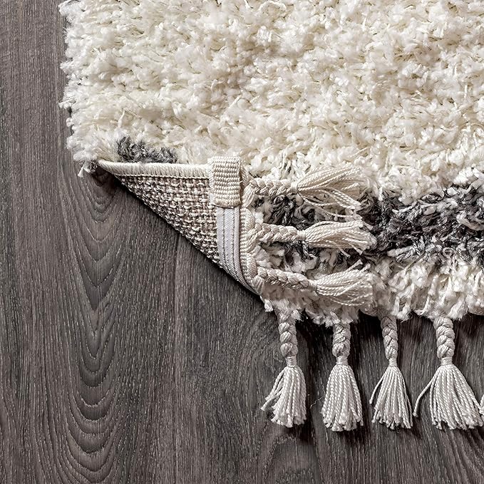 JONATHAN Y Mercer Shag Plush Tassel Cream/Gray Indoor Area Rug, 5x8, Moroccan Geometric Trellis, Bohemian, Easy-Cleaning for Living Room, Bedroom, Kitchen, Pet Friendly, Non-Shedding (MCR103B-5)