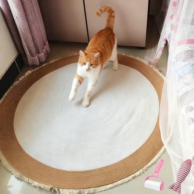 Cotton Rope Area Rug for Cats, Cat Scratching Rug, Washable Round Vintage Reversible Woven Tassel Rug, Soft and Stylish Home Accent, Easy Clean, Multiple Sizes (Off-White, 40" (100cm))