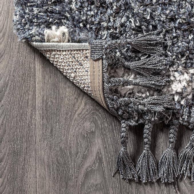 JONATHAN Y Mercer Shag Plush Tassel Denim Blue/Cream Indoor Area Rug, 3x5, Moroccan Geometric Trellis, Bohemian, Easy-Cleaning for Living Room, Bedroom, Kitchen, Non-Shedding (MCR103A-3)