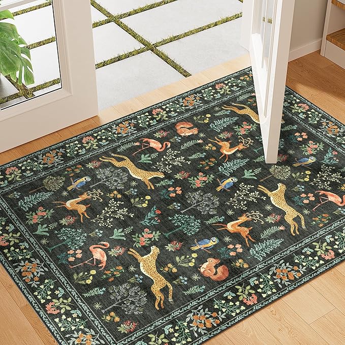 DUKINO 2x3 Rug, Washable Animal Rugs for Entryway, Non Slip Indoor Door Mat, Soft Low Pile Small Area Carpet for Entrance, Bedroom, Kitchen, Laundry, Bathroom, Black