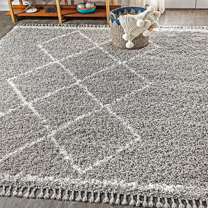 JONATHAN Y Mercer Shag Plush Tassel Gray/Cream Indoor Area Rug, 3x5, Moroccan Geometric Trellis, Bohemian, Easy-Cleaning for Living Room, Bedroom, Kitchen, Pet Friendly, Non-Shedding (MCR103C-3)