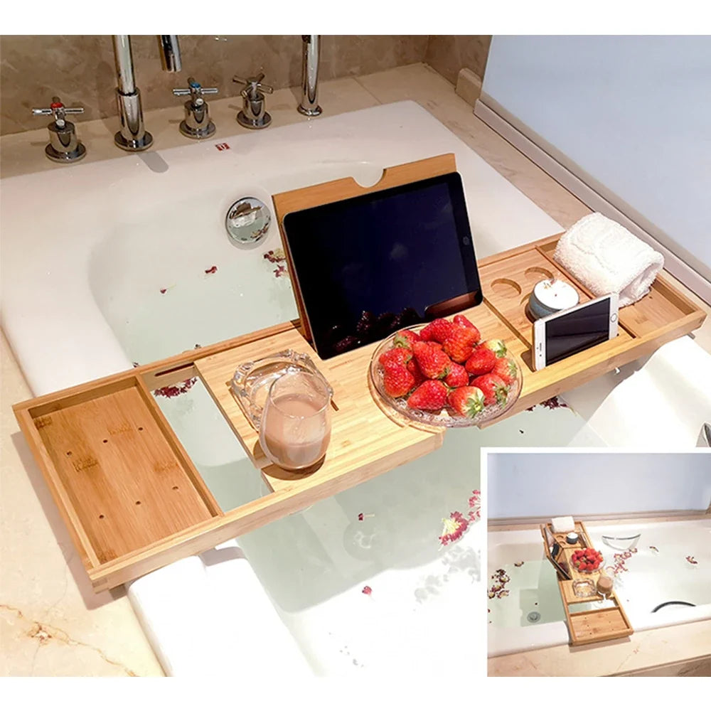 Bathtub Caddy Tray Bamboo Spa Bathtub Caddy Organizer Book Wine Tablet Holder Reading Rack Nonslip Bottom Extendable Sides