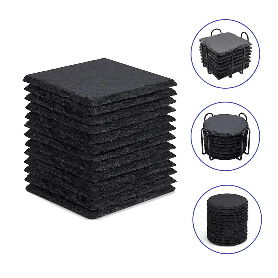 Natural Slate Coasters, Slate Drink Coasters, Square Drink Coasters, Round Black Stone Coasters, for Home, Cafe Decor.