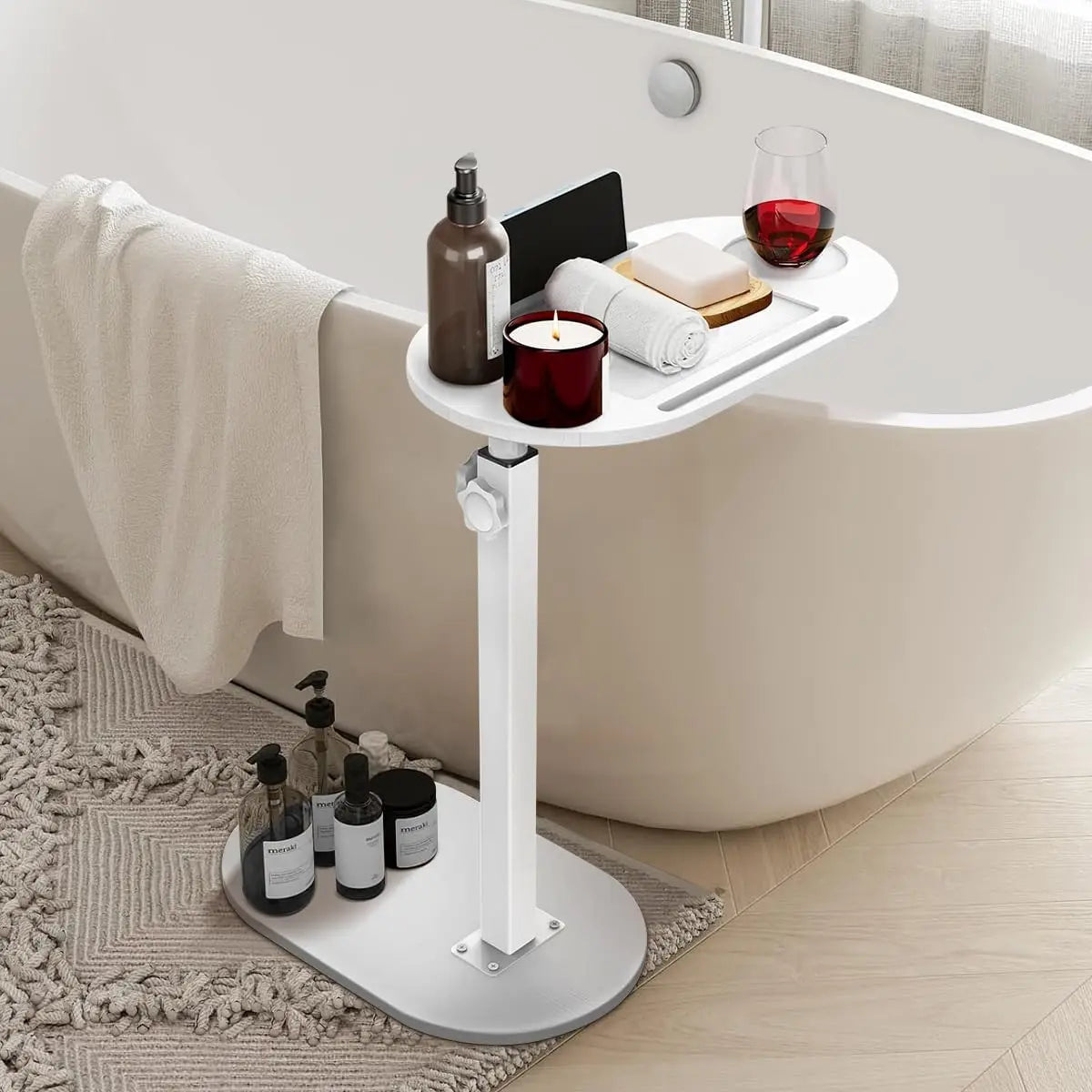 Bamboo Bathtub Side Tray Wooden Bathtub Tray Table Height Adjustable Freestanding Bath Caddy Tray Bathtub Side Table Home Spa